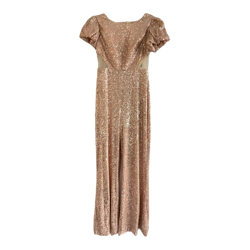 Mac Duggal Gold Sequined Puff Shoulder Illusion Cut Out Jumpsuit NWT Size 8 - Picture 5 of 9
